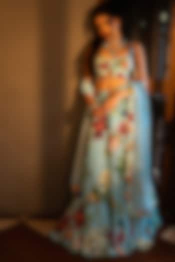 Powder Blue Organza Silk Floral Printed Wedding Lehenga Set by Affroz at Pernia's Pop Up Shop