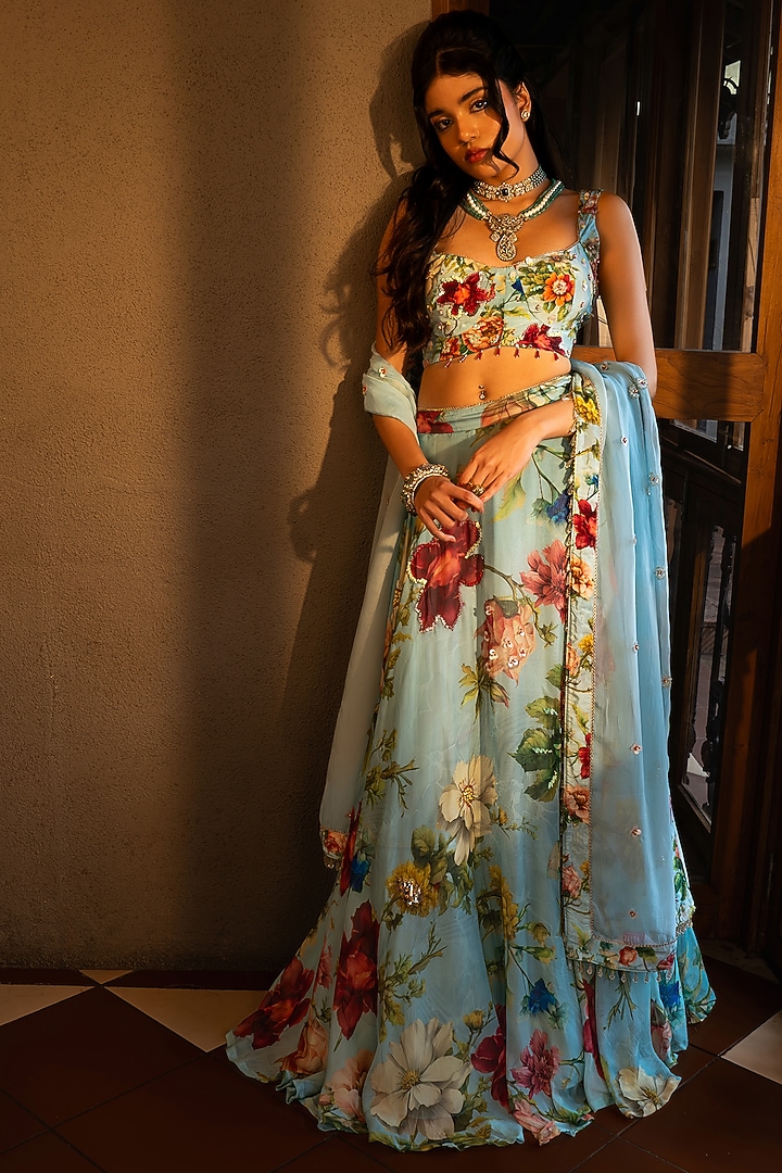 Powder Blue Organza Silk Floral Printed Wedding Lehenga Set by Affroz at Pernia's Pop Up Shop