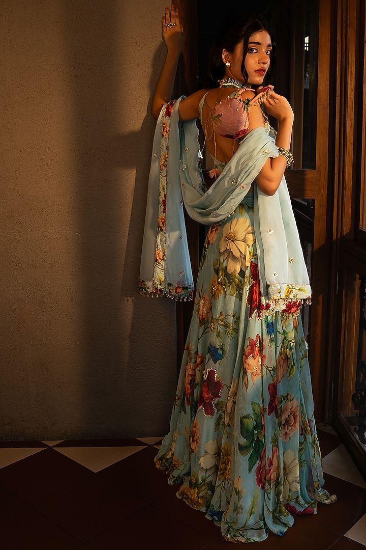 Powder Blue Organza Silk Floral Printed Wedding Lehenga Set by Affroz at Pernia's Pop Up Shop