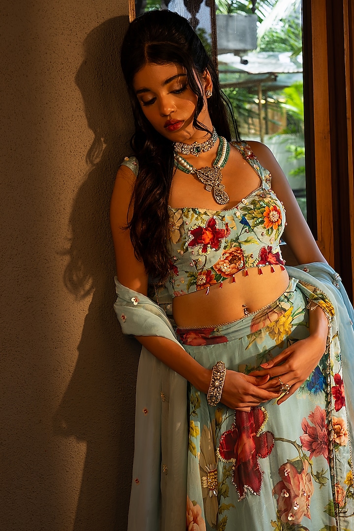 Powder Blue Organza Silk Floral Printed Wedding Lehenga Set by Affroz at Pernia's Pop Up Shop