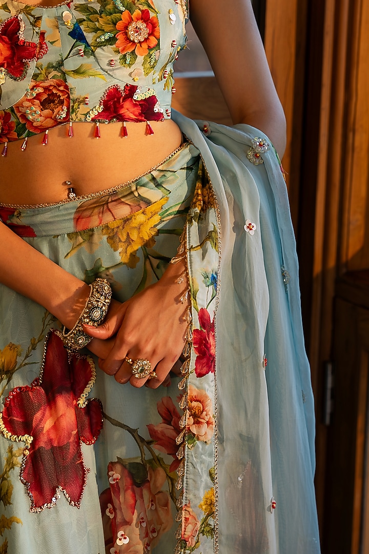 Powder Blue Organza Silk Floral Printed Wedding Lehenga Set by Affroz at Pernia's Pop Up Shop