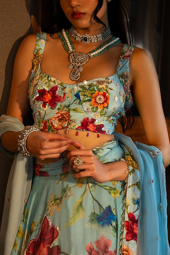 Powder Blue Organza Silk Floral Printed Wedding Lehenga Set by Affroz at Pernia's Pop Up Shop