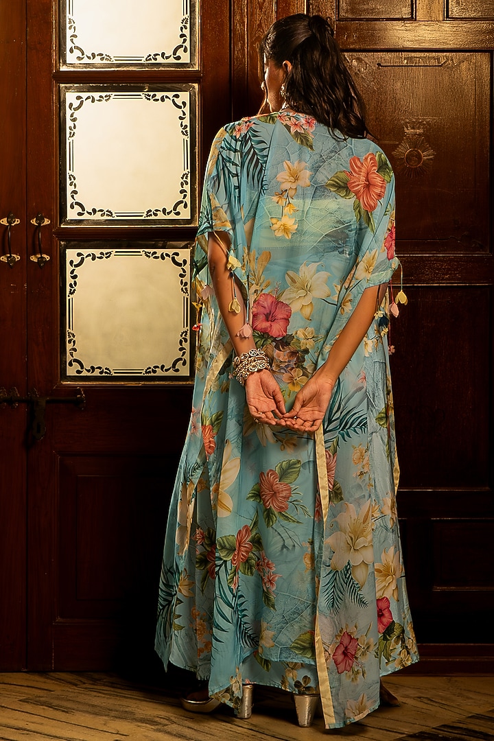 Sky Blue Viscose Crepe Floral Tropical Printed Skirt Set by Affroz at Pernia's Pop Up Shop