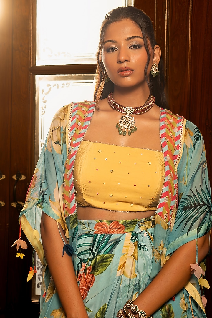 Sky Blue Viscose Crepe Floral Tropical Printed Skirt Set by Affroz at Pernia's Pop Up Shop