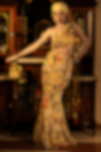 Misted Yellow Viscose Crepe Floral Printed Fish-Cut Skirt Set by Affroz at Pernia's Pop Up Shop