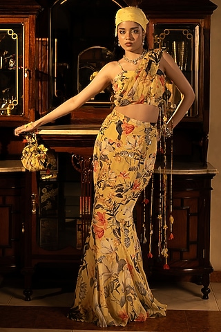 Misted Yellow Viscose Crepe Floral Printed Fish-Cut Skirt Set by Affroz