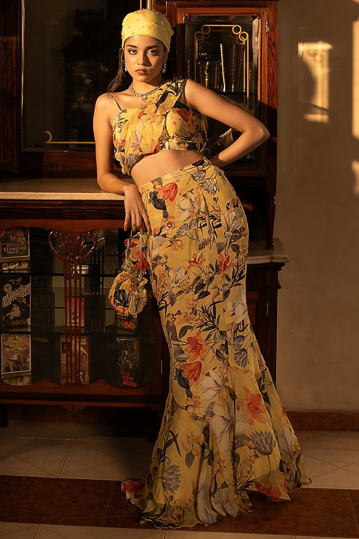 Misted Yellow Viscose Crepe Floral Printed Fish-Cut Skirt Set by Affroz at Pernia's Pop Up Shop