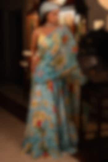 Blue Viscose Crepe Tropical Printed Party Wear Lehenga Saree Set by Affroz at Pernia's Pop Up Shop