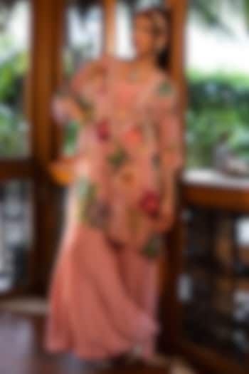 Pink Organza Silk Hand Embroidered & Printed Kaftan Set by Affroz at Pernia's Pop Up Shop