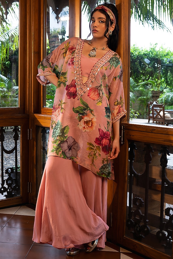 Pink Organza Silk Hand Embroidered & Printed Kaftan Set by Affroz at Pernia's Pop Up Shop