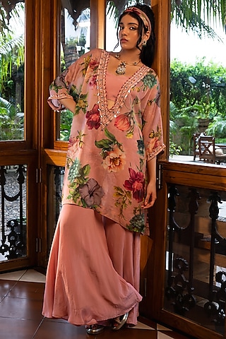 Pink Organza Silk Hand Embroidered & Printed Kaftan Set by Affroz