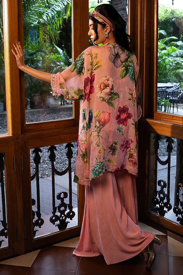 Pink Organza Silk Hand Embroidered & Printed Kaftan Set by Affroz at Pernia's Pop Up Shop