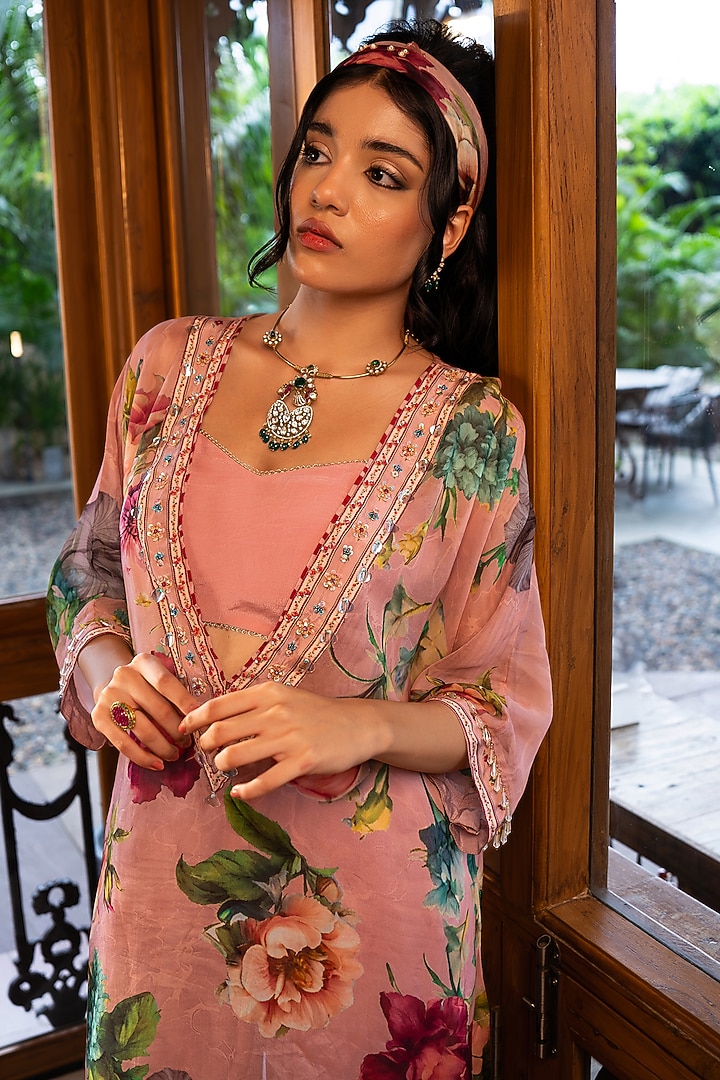 Pink Organza Silk Hand Embroidered & Printed Kaftan Set by Affroz at Pernia's Pop Up Shop