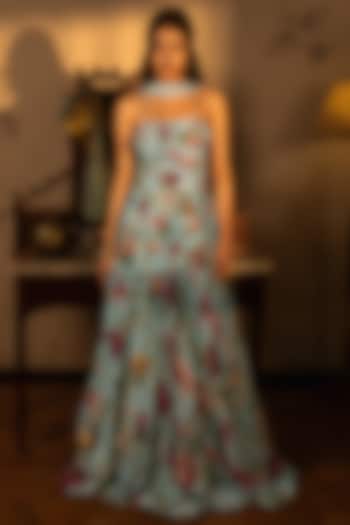 Powder Blue Viscose Crepe Floral Printed Lehenga Set by Affroz at Pernia's Pop Up Shop