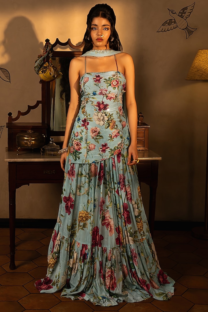 Powder Blue Viscose Crepe Floral Printed Lehenga Set by Affroz at Pernia's Pop Up Shop