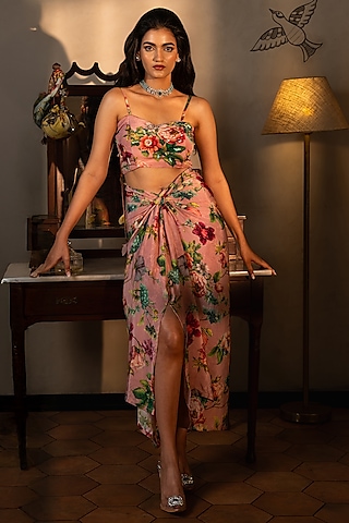 Dusty Rose Pink Viscose Crepe Floral Printed Skirt Set by Affroz