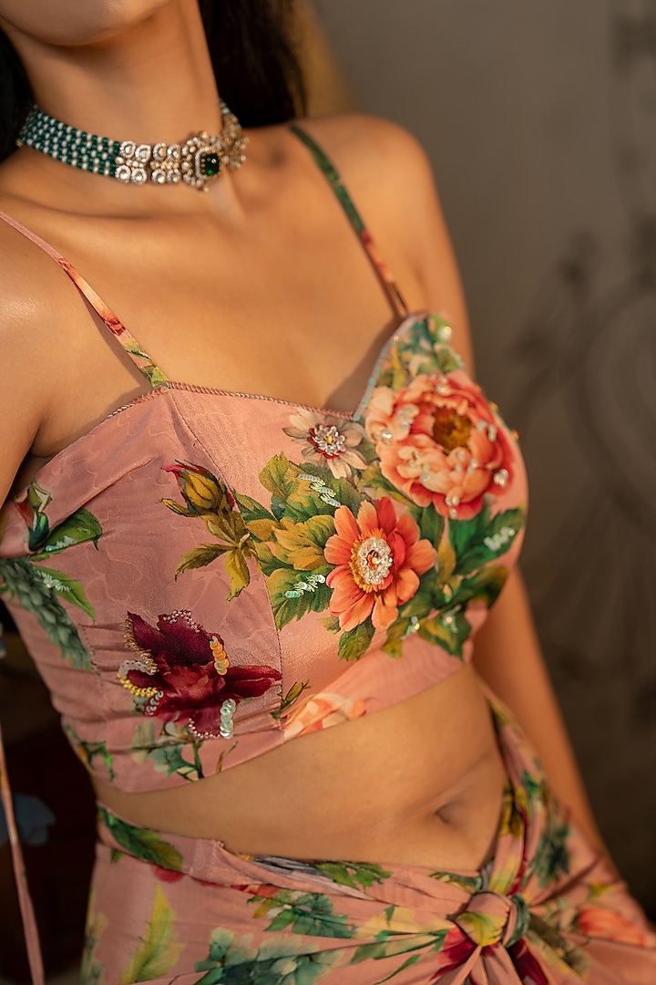 Dusty Rose Pink Viscose Crepe Floral Printed Skirt Set by Affroz at Pernia's Pop Up Shop