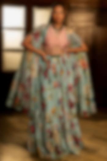 Powder Blue Organza Silk & Crepe Floral Printed Jacket Lehenga Set by Affroz at Pernia's Pop Up Shop