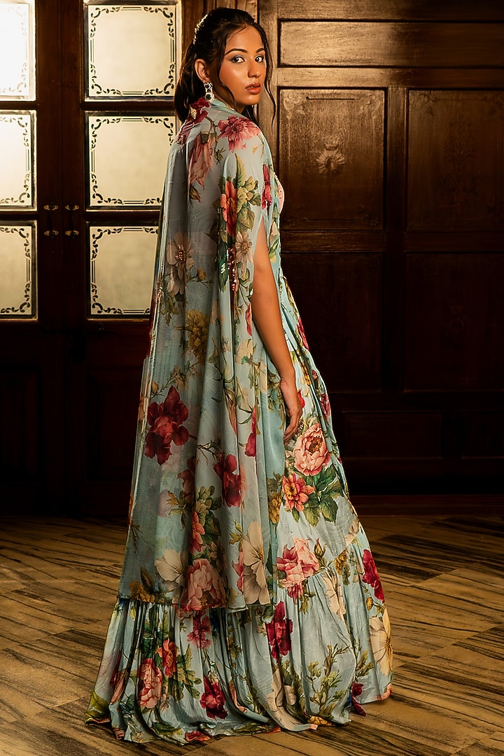 Powder Blue Organza Silk & Crepe Floral Printed Jacket Lehenga Set by Affroz at Pernia's Pop Up Shop