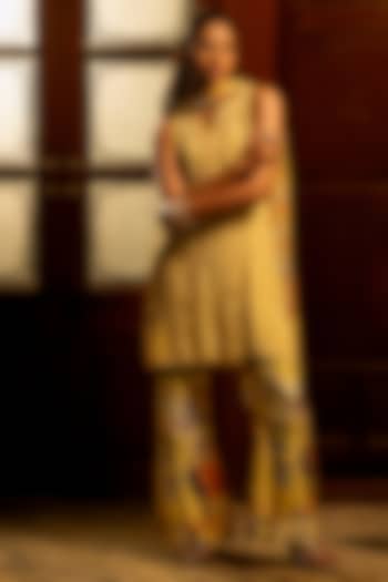 Misted Yellow Viscose Crepe Hand Embroidered Kurta Set by Affroz at Pernia's Pop Up Shop