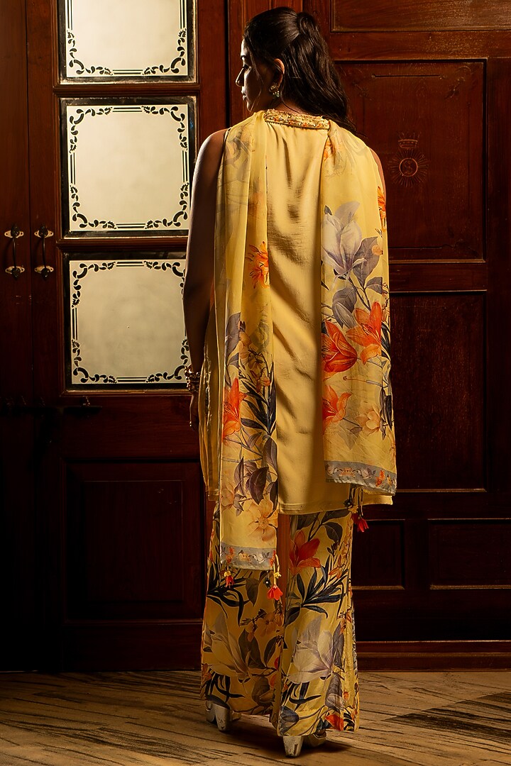 Misted Yellow Viscose Crepe Hand Embroidered Kurta Set by Affroz at Pernia's Pop Up Shop