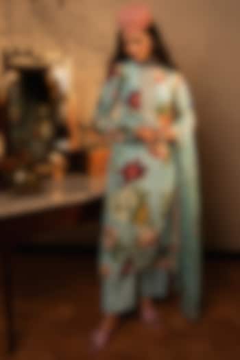 Powder Blue Viscose Crepe Floral Printed Kurta Set by Affroz at Pernia's Pop Up Shop