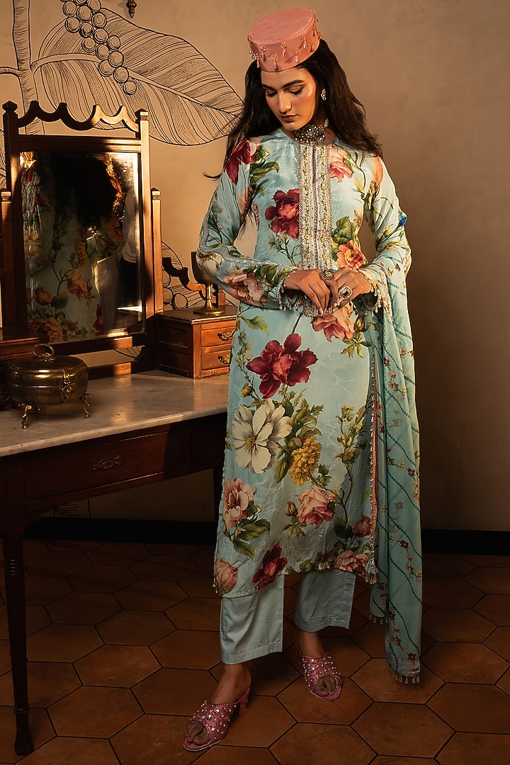 Powder Blue Viscose Crepe Floral Printed Kurta Set by Affroz at Pernia's Pop Up Shop