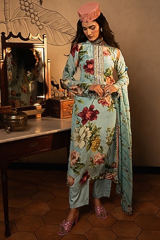 Powder Blue Viscose Crepe Floral Printed Kurta Set by Affroz