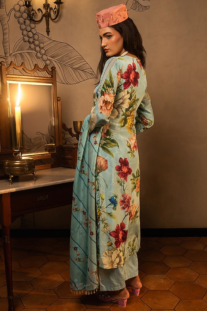 Powder Blue Viscose Crepe Floral Printed Kurta Set by Affroz at Pernia's Pop Up Shop