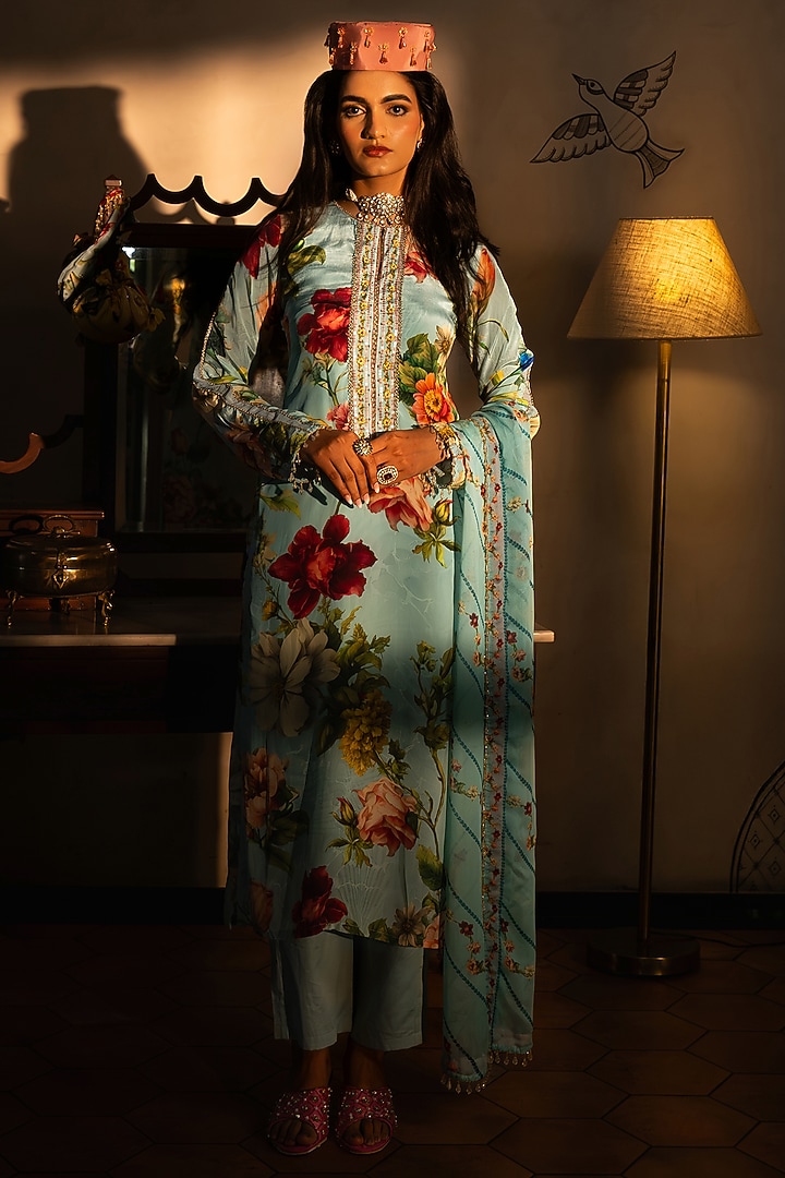 Powder Blue Viscose Crepe Floral Printed Kurta Set by Affroz at Pernia's Pop Up Shop