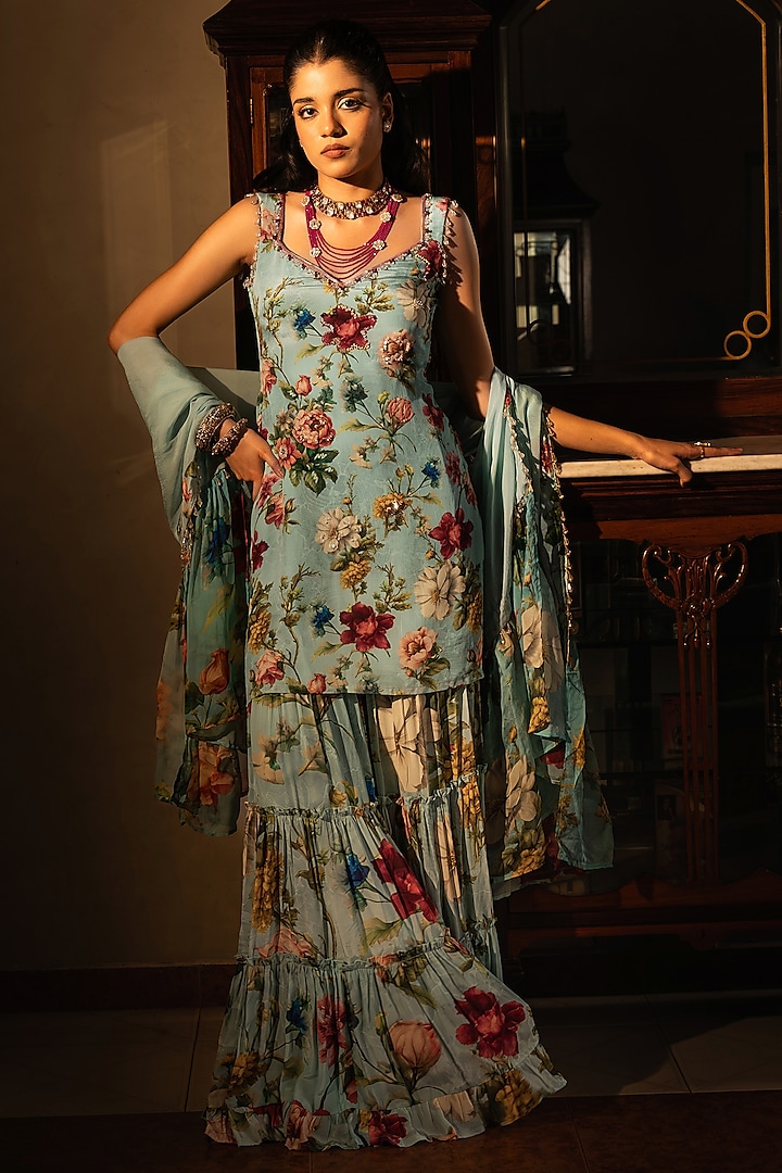 Powder Blue Viscose Crepe Floral Printed Party Wear Sharara Set by Affroz at Pernia's Pop Up Shop