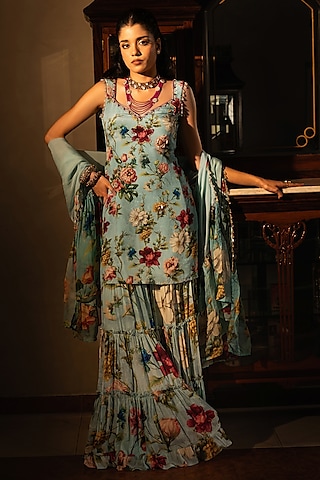 Powder Blue Viscose Crepe Floral Printed Sharara Set by Affroz