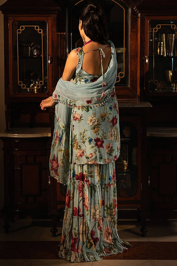 Powder Blue Viscose Crepe Floral Printed Party Wear Sharara Set by Affroz at Pernia's Pop Up Shop
