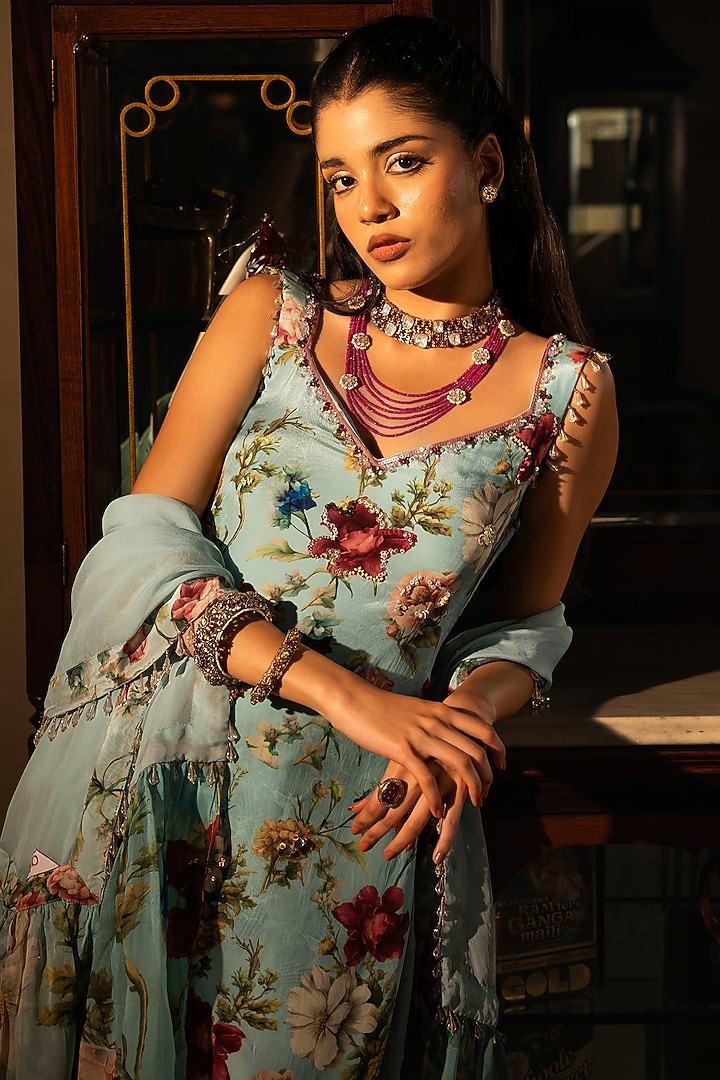 Powder Blue Viscose Crepe Floral Printed Party Wear Sharara Set by Affroz at Pernia's Pop Up Shop