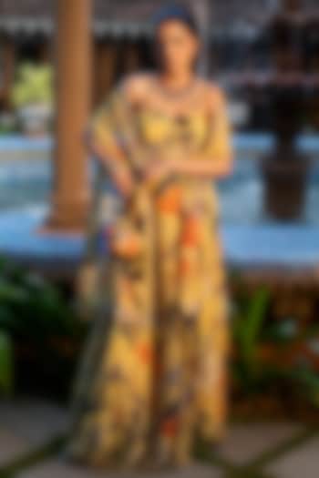 Misted Yellow Organza Silk Floral Printed Wedding Anarkali Set by Affroz at Pernia's Pop Up Shop