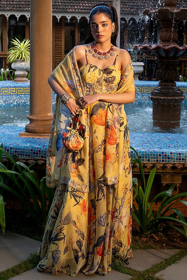 Misted Yellow Organza Silk Floral Printed Wedding Anarkali Set by Affroz at Pernia's Pop Up Shop