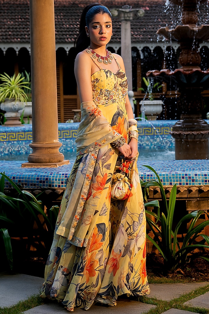 Misted Yellow Organza Silk Floral Printed Wedding Anarkali Set by Affroz at Pernia's Pop Up Shop