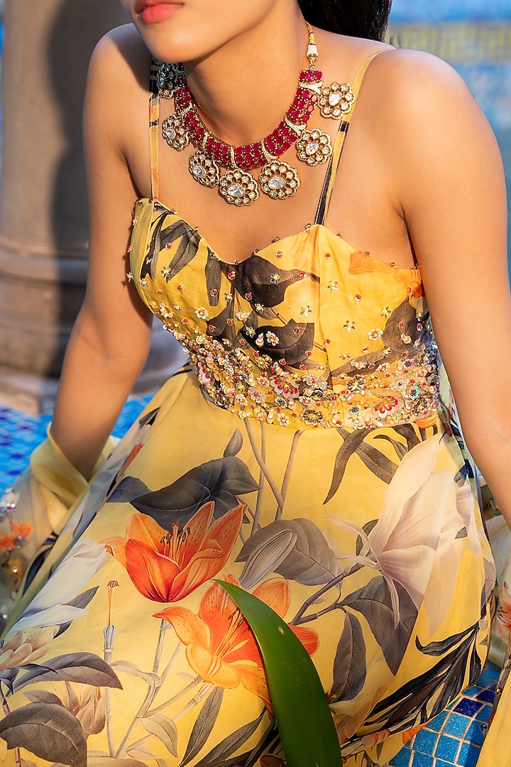 Misted Yellow Organza Silk Floral Printed Wedding Anarkali Set by Affroz at Pernia's Pop Up Shop