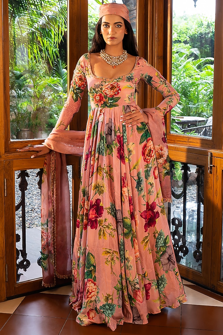 Pink Organza Silk Floral Printed Wedding Anarkali Set by Affroz at Pernia's Pop Up Shop