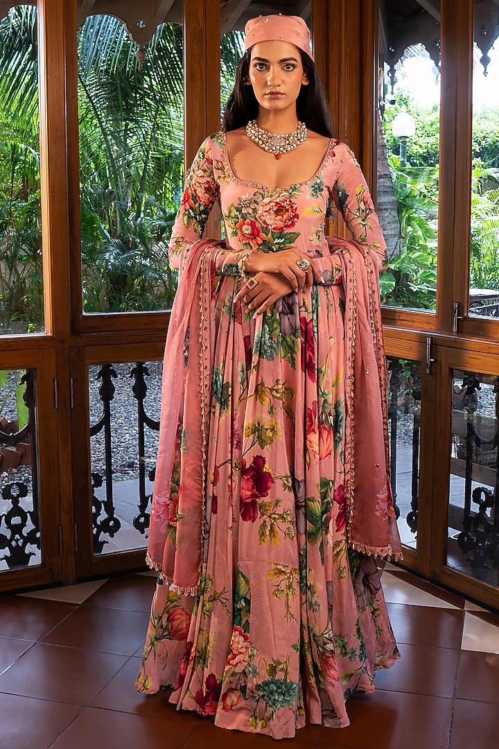Pink Organza Silk Floral Printed Wedding Anarkali Set by Affroz at Pernia's Pop Up Shop