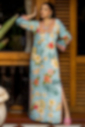 Blue Viscose Crepe Tropical Printed & Embroidered Kaftan by Affroz at Pernia's Pop Up Shop