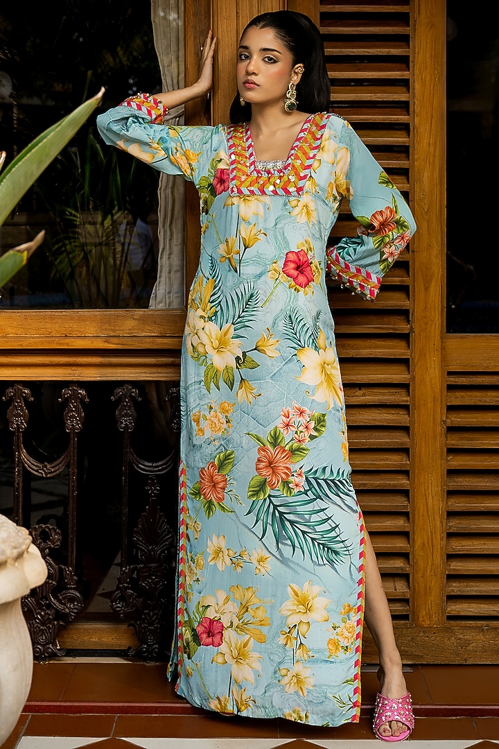 Blue Viscose Crepe Tropical Printed & Embroidered Kaftan by Affroz at Pernia's Pop Up Shop