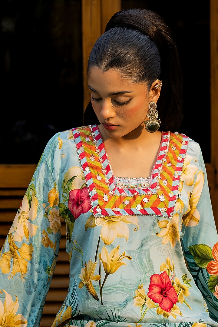 Blue Viscose Crepe Tropical Printed & Embroidered Kaftan by Affroz at Pernia's Pop Up Shop