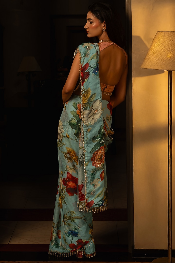 Powder Blue Organza Silk Floral Printed Party Wear Saree Set by Affroz at Pernia's Pop Up Shop