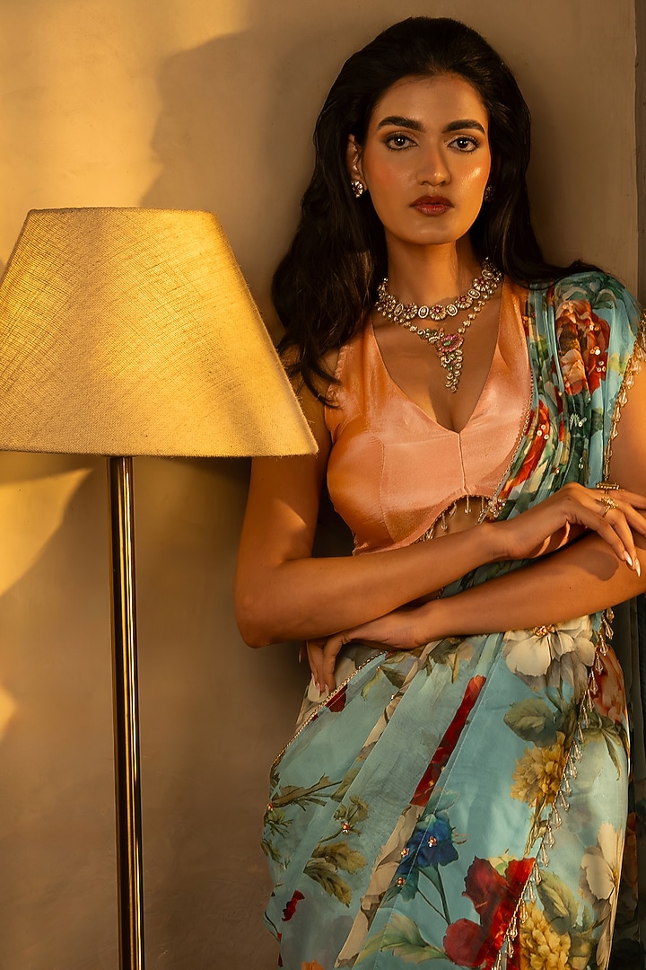 Powder Blue Organza Silk Floral Printed Party Wear Saree Set by Affroz at Pernia's Pop Up Shop
