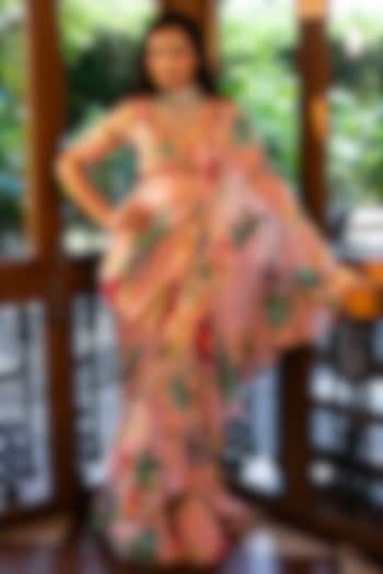 Dusty Rose Pink Organza Silk Floral Printed Ruffled Party Wear Saree Set by Affroz at Pernia's Pop Up Shop