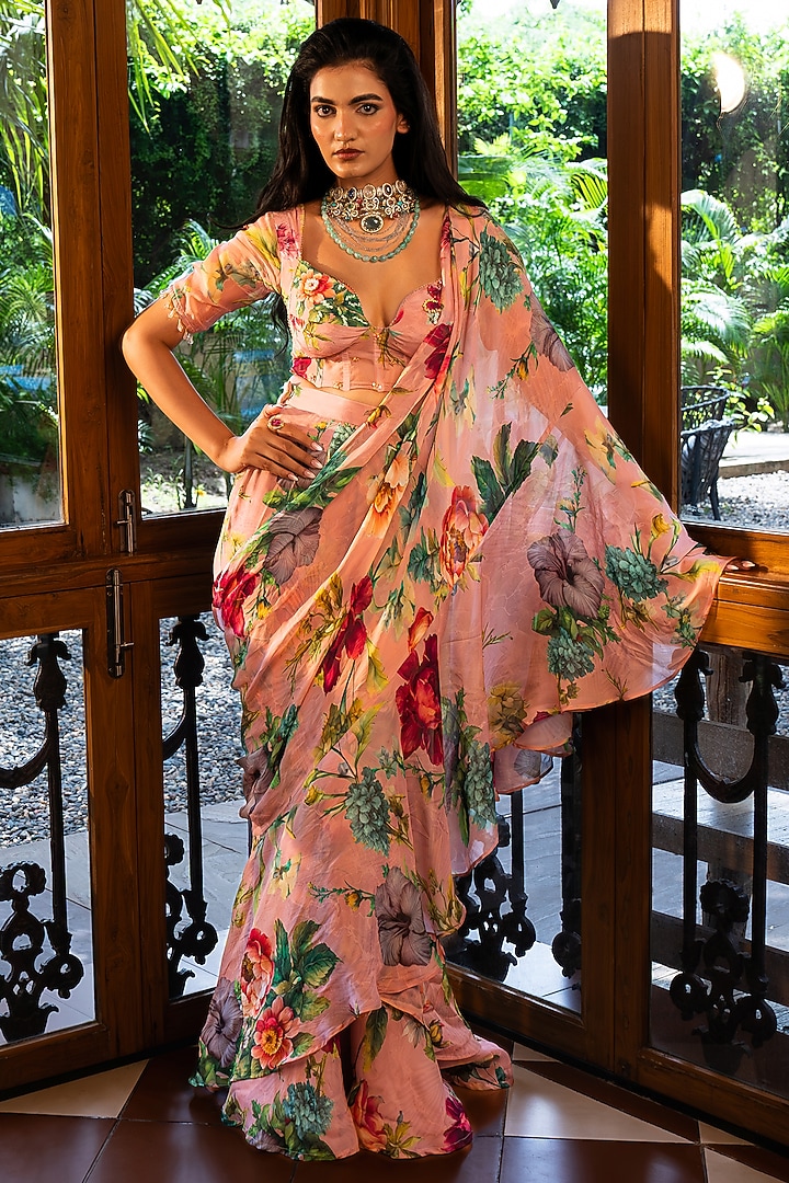 Dusty Rose Pink Organza Silk Floral Printed Ruffled Party Wear Saree Set by Affroz at Pernia's Pop Up Shop