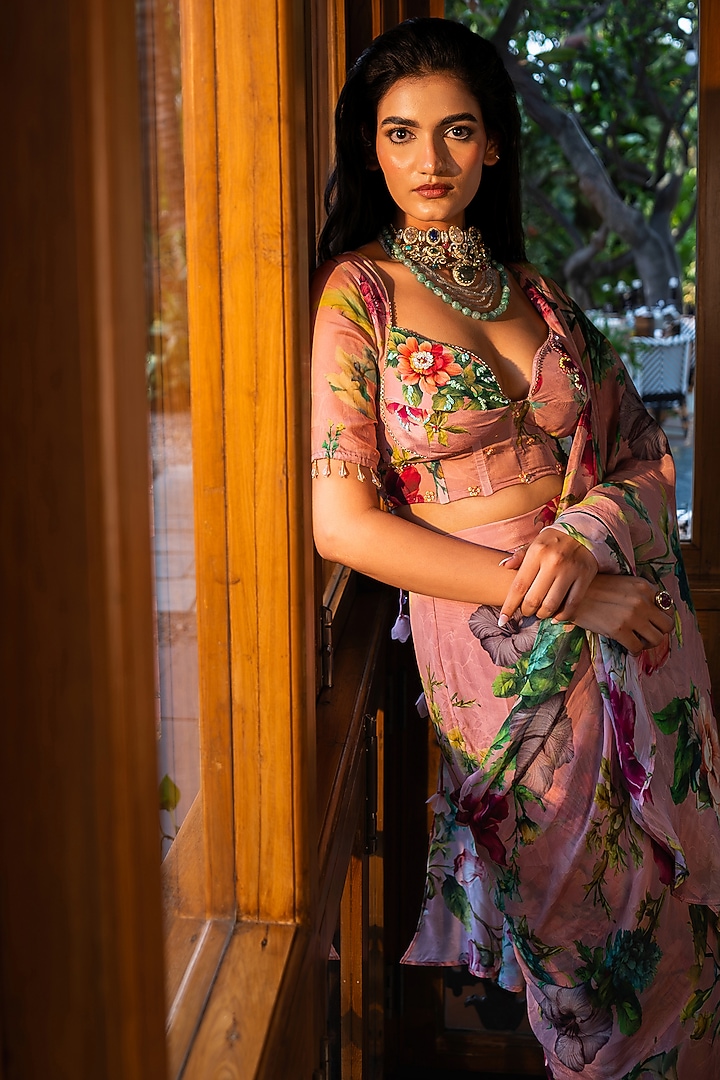 Dusty Rose Pink Organza Silk Floral Printed Ruffled Party Wear Saree Set by Affroz at Pernia's Pop Up Shop