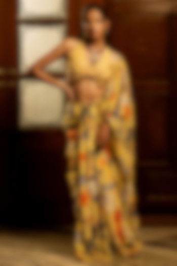 Misted Yellow Organza Silk Floral Printed Pre-Draped Party Wear Saree Set by Affroz at Pernia's Pop Up Shop