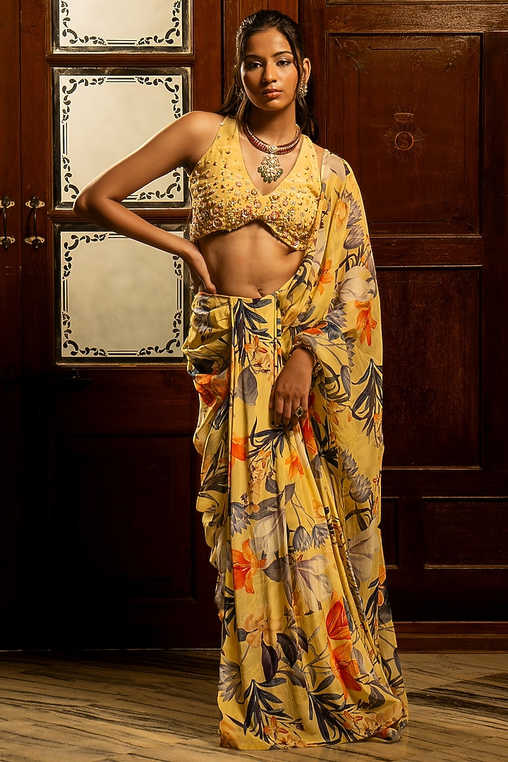 Misted Yellow Organza Silk Floral Printed Pre-Draped Party Wear Saree Set by Affroz at Pernia's Pop Up Shop